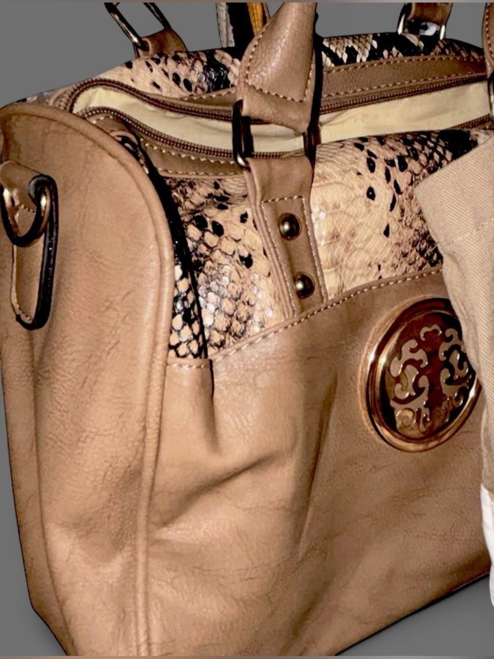 Women's Satchel with Gold-Tone Filigree Medallion - Black